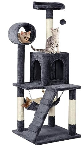 Yaheetech 129.5cm Cat Tree Tower Kitten Activity Centre Cat Condos Kitten Climbing Tower Cat Furniture Tree with 4 Sisal Scratching Posts/Tunnel/Condo/Hammock/Ladder, Dark Gray