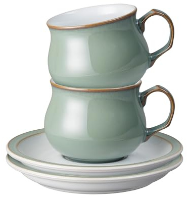 Denby - Regency Green Tea Cup and Saucer Set of 2 - 200ml Stoneware Ceramic Coffee Mug and Saucer Set - Tea Party Set - Dishwasher Safe, Microwave Safe - Green, White - Chip Resistant