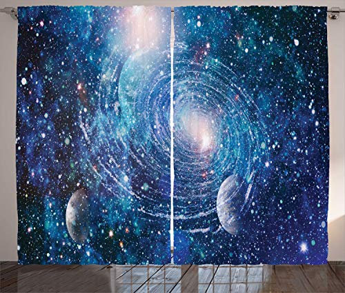 ABAKUHAUS Astral Rustikaler Gardine, Nebula Helix mit Planeten, Schlafzimmer Kräuselband Vorhang mit Schlaufen und Haken, 280 x 260 cm, Mehrfarbig Blau