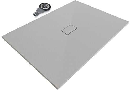 Moments of Glass SMC BOREAL Duschwanne 140x100 cm – extra flache Duschtasse (26 mm), rutschfest & robust, Schieferoptik, inkl. Ablaufgarnitur mit Deckel, Grau