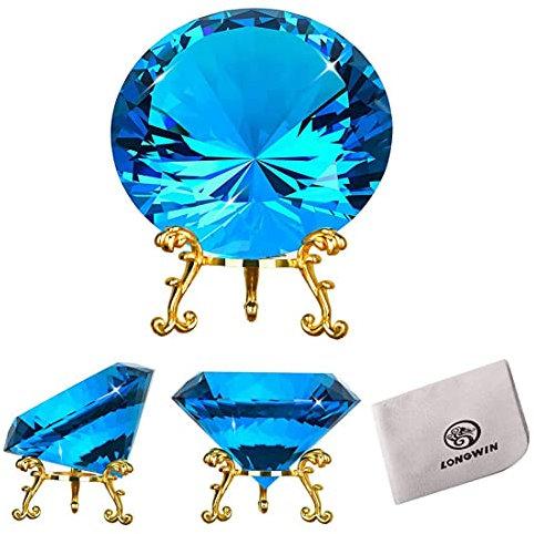 LONGWIN Briefbeschwerer mit Kristalldiamanten, 80 mm, für Hochzeit, Jahrestag, Geschenk, Heimdekoration mit goldenem Metallsockel (hellblau)