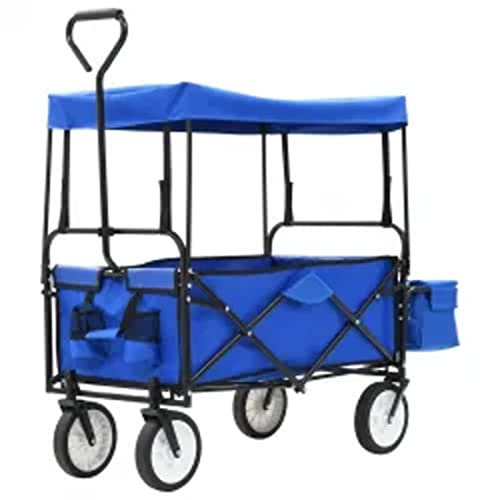 Tidyard Handwagen Klappbar mit Sonnendach Faltbar Bollerwagen Strandwagen Transportkarre Gerätewagen Gartenwagen Transportwagen Stahl & Oxford-Gewebe Blau