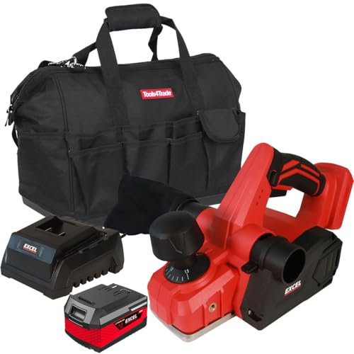 Excel 18V Cordless Planer 82mm EXL580B with 1 x 4.0Ah Battery Charger & Bag - Variable Speed 16000/min - Compact and Ergonomic Design - Two Side Dust Removal System - Ideal for Planing Wood Surfaces