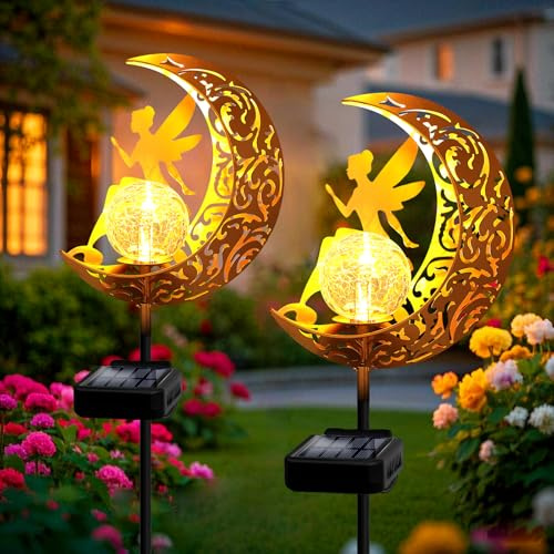 YJFWAL Mond-Solarleuchten Garten Solarlampen für Außen, 2 Stück Gartendeko Blumenfee Figuren Wasserdichte Solarleuchte Garten Deko Elfe Metall LED Pfahlpfad Deko Leuchten Balkon Weihnachten Deko