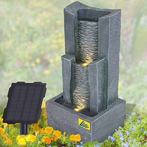 Solar Gartenbrunnen Brunnen Zierbrunnen Zimmerbrunnen Springbrunnen Brunnen mit LED-Licht und Li-Ion-Akku Wasserfall Wasserspiel für Garten, Gartenteich, Terrasse (3-Stufige Stein-Kaskade)