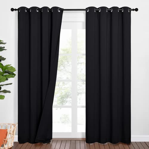 PONY DANCE Rideaux Occultant Noir - Rideau Phonique Anti Bruit Thermique Anti Froid Isolant 100% Lumineux Bloquer Économie d'Énergie pour Decoration Maison, 132 x 210cm, 2 Pièces