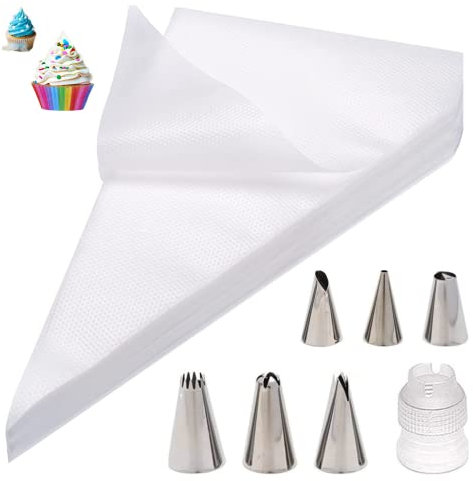KowyKo Einwegspritzbeutel,Spritztüte Set 100 Stück Piping Bags+6 Spritztüllen+1 Kuchen Kupplung für Spritztüllen,BackzubehörTorten Dekoration Set für Cupcakes