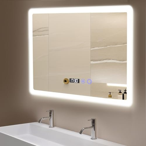 YOURLITE Badspiegel mit Beleuchtung LED 80x60cm, Badezimmerspiegel mit Touch Schalter, Einstellbare Helligkeit, mit Uhr und Temperaturanzeige, Beschlagfrei, Ip44