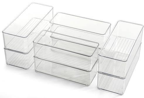 Hudgan 8 Pack Clear Plastic Drawer Organizers Set, Stackable Deep Drawer Organizer for Makeup Vanity and Desk, 2 Sizes Tall Bathroom Drawer Organizer