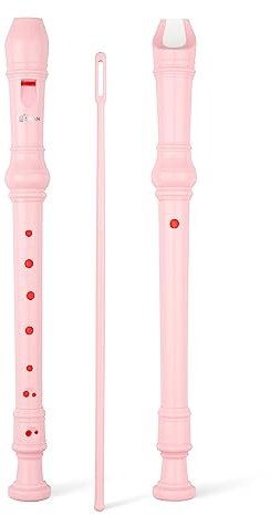 SWAN Soprano Recorder Instrument for Beginners - German Fingering 8 Hole Flute Detachable 3pcs ABS Descant Recorders with Cleaning Rod and Fingering Chart, SW8K, Baby Pink