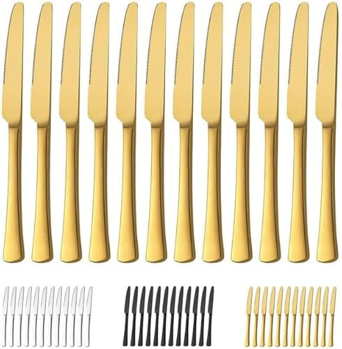 Bestdin Set de 12 Couteaux de table, 23.8cm(9.37 inch) Set de couteaux, Couteau à beurre en acier inoxydable, Couteaux de table à lame crantée pour cuisines et restaurants, Lavables en machine, Or