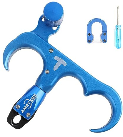 SHARROW Bogenschießen Release Aids Compound Bogen 3 Finger Daumenauslöser Auslösehilfen Spannhilfen mit Metall D-Loop Ring für Jagd Schießen (Blau)