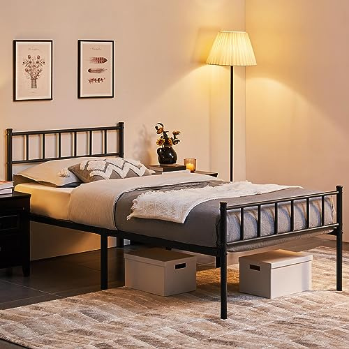 Yaheetech Metallsäng 90 x 200 cm, sängram med sänggavel sängram av metall, gästsäng med ribbotten för sovrum, gästrum, svart