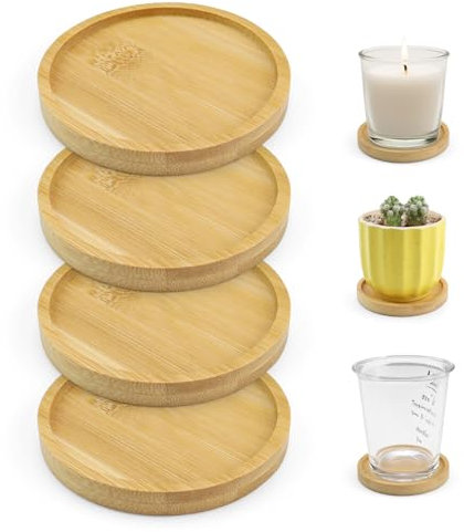 SPRHR 4 Stück Untersetzer Holz, 9cm Kerzenuntersetzer Rund, Nuten mit Überfüllsicherung, Glasuntersetzer Holz für Getränke, Sukkulenten, Kerzen