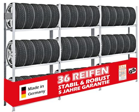 PROREGAL Reifenregal TIRE PRO Made in Germany | Komplettregal | HxBxT 200x300x43cm | 150kg Fachlast | bis zu 36 Reifen auf 3 Ebenen | Verzinkt | Reifenständer Garagenregal