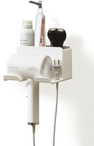 MidingChai Porta Phone Bagno da Muro Adesivo, Porta Asciugacapelli, Supporto per Asciugacapelli per Bagno 2 Scomparti e Portacavi (16 * 10 * 15CM)