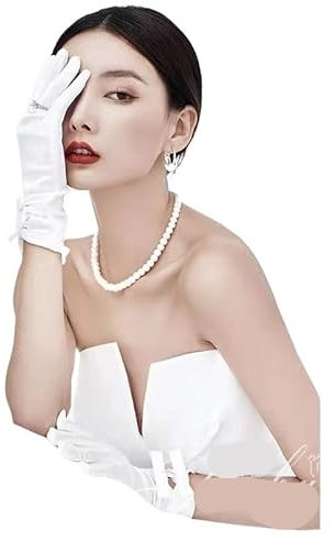 CHRISK Braut-Hochzeitshandschuhe, schwarz und weiß, Spitze, Schleife, Hochzeitshandschuhe, kurze und lange Satin-Handschuhe, weiß, One size