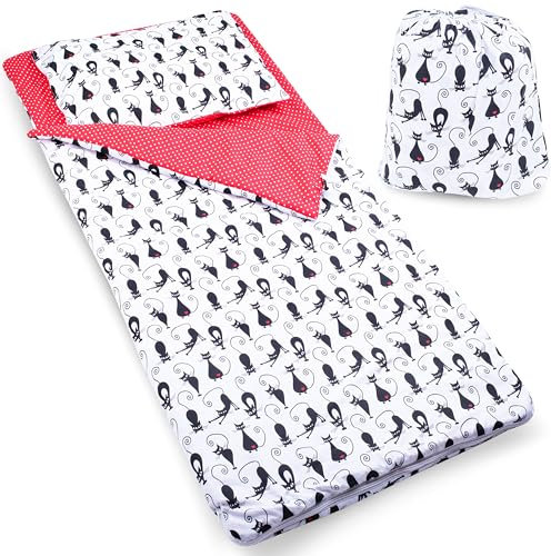 PinkZebra Schlafsack Kinder 140 x 75 cm + Kissenbezug 60 x 40 cm & Beutel, Indoor für Kindertagesstätte Kindergarten Deckenschlafsack, (bis 135 cm Kindergröße), Öko-Tex, Katze