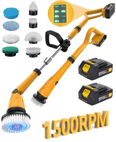 Qimedo 1500 RPM Electric Spin Scrubber with Two Batteries Q2 Pro, Cordless Battery Powered Shower Scrubber,Electric Tile Floor Scrubber with Display for Grout/Tile/Tub (Effortless Handle/8 Brushes)
