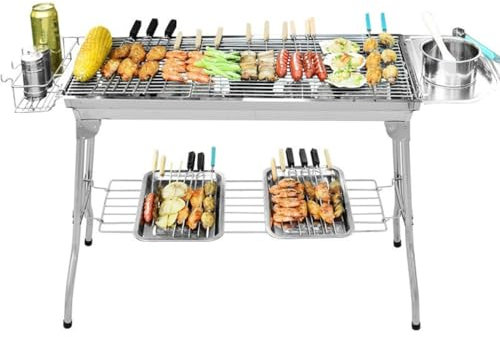 Holzkohlegrill Klein Edelstahl Klappgrill Outdoor Picknick Campinggrill Edelstahl-Grill Klappbarer Picknickgrill Familientreffen Und Hinterhof-Grill, Mit Antihaft-Bratpfanne