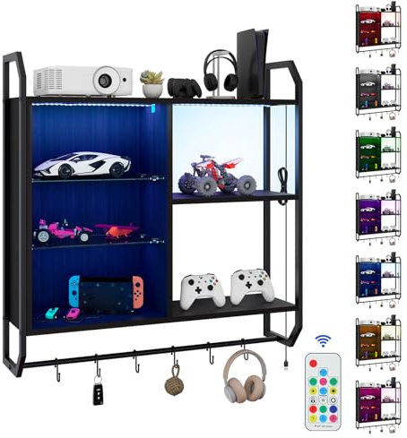 YU YUSING Schwebende Regale mit LED, Wandregal Gaming-Regale mit 6 Haken, Display-Regale, Wandvitrine mit 2 Glasböden, Hängevitrine für Schlafzimmer Küche Bar Büro Spielzimmer-Dekoration, Schwarz