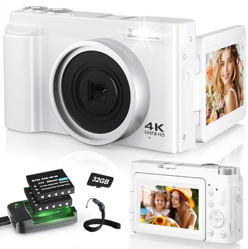 Digitalkamera 4K, 48MP 16X Autofokus Digitalzoom Fotokamera, 3 Zoll 180° Flip LCD Screen HD Kompakte Vlog Kamera mit Ladestation, 2 * 800 mAh Akkus, 32GB Karte für Anfänger, Kinder