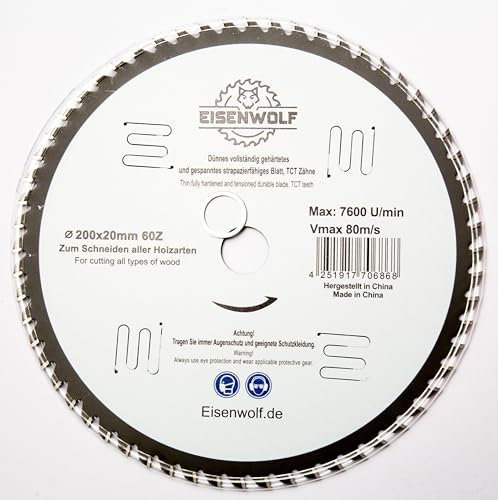 Eisenwolf 200x20 mm vollständig gehärtetes und gespanntes langlebiges und strapazierfähiges Sägeblatt, Kreissägeblatt für Holz mit 60 gekippten TCT-Zähnen und Laser-Cuts für Lärmminderung