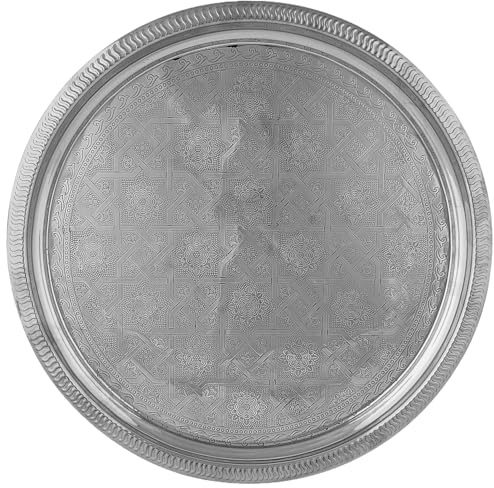 Marrakech - Plateau décoratif oriental pour le Ramadan - Rond - En laiton - 38 cm - Nacera argenté - Décoration de table pour la cuisine et le salon - Plateau de petit-déjeuner esthétique pour chambre
