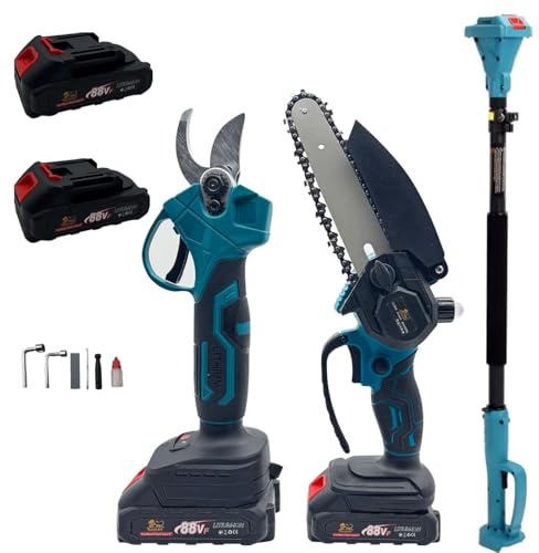081 Store - Kit Set per Potatura a Batteria, con Cesoie Forbici e Mini Motosega da 6 Pollici, con Asta Telescopica da 208 cm, Cesoie Elettriche per Potatura Giardino Rami Arbusti Vigneto