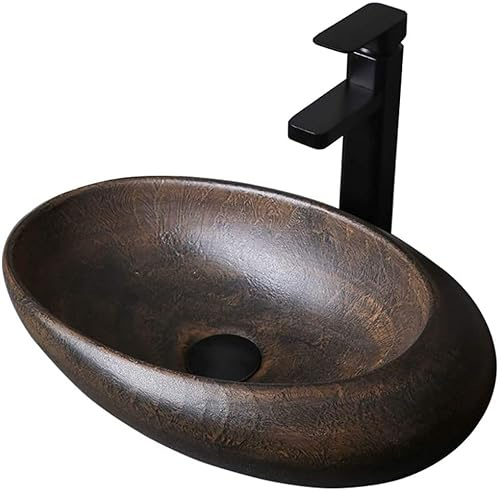 CCYENG Vasque de Salle de Bain, Vasque à Poser, Plan de Toilette, Naturel et Durable, Vasque en Forme d'œuf, Style rétro, Vasque en céramique épaisse, Marron - 48 x 31 cm (Ensemble 48 x 3