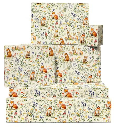 Papier cadeau floral – Fleurs sauvages et animaux de la forêt – 6 feuilles de papier cadeau anniversaire pour garçon et fille – Automne – Recyclable – Par Central 23