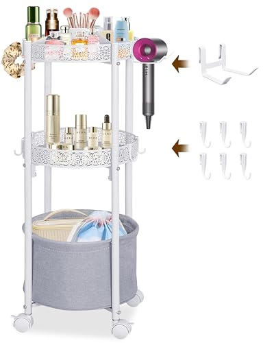 NauwaBarn 3-Tier Round Makeup Cart with Wheels, Rolling Vanity Organizer with Removable Hair Dryer Holder, Small Space Beauty Storage Cart for Skincare, Perfume, Nail Polish & Hair Tools, White