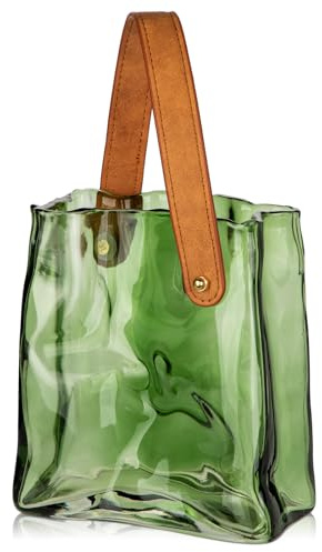 Hollyone 17cm Thickened Glass Vase for Flowers, Green Flower Vase for Room Decor Aesthetic, Unique Vases with Handle for Wedding, Living Room, Mantel, Shelf, Home Decor, Bedroom, Kitchen Decorations