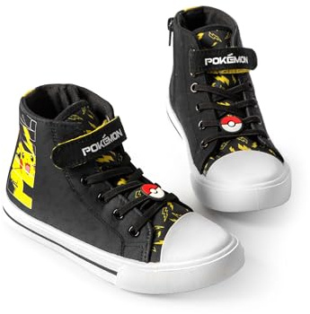 Pokémon Pikachu Boys High-Top Trainers with Hook and Loop Strap | Pika Kids Black Yellow Lightning Bolt Footwear