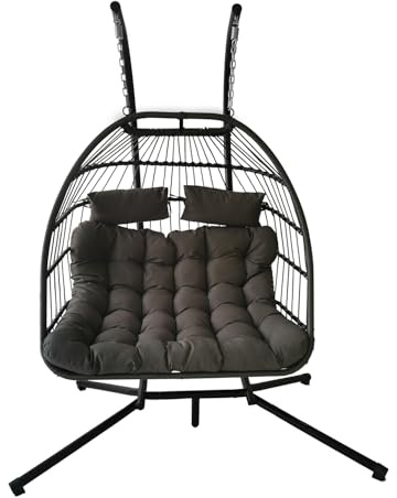 Swing Chairs, Egg Chair Double Seat Rattan Hanging with Cushion, Foldable Egg Chair Outdoor Indoor, Garden Patio Hammock Chair with Stand & Adjustable Height, upto 240 Kg Weight Capacity (Grey)