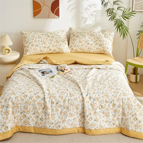 FANSU Tagesdecke Bettüberwurf Steppdecke 100% Baumwolle Doppelbett Einselbetten Tagesdecken Gesteppt Bettwäsche Sofaüberwurf Wohndecke Nordischer Bettdecke (Kleine gelbe Blume,150x200cm)