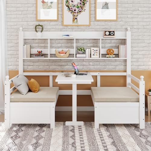 SUKY Multifunktionales Massivholz Schlafsofa 90 x 200 cm, 2-in-1 Bett und Schreibtisch, Frei Umbaubar, Mit Bücherregal Zur Aufbewahrung, Mit Bequemen Kissen, Gästebett Einzelholzbett (Weiß)