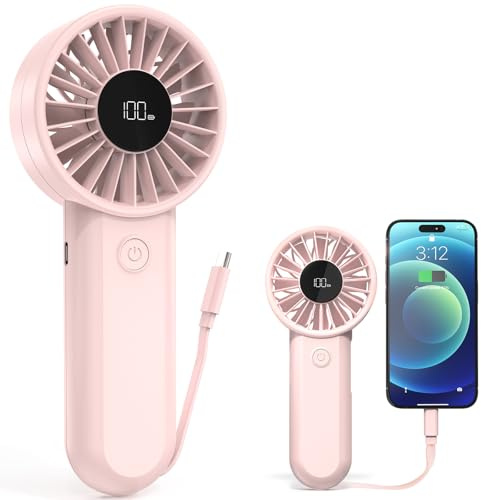 Amacool Handheld Fan Rechargeable, Built-in Type-C Cable, 5-Speed Personal Fan with LED Display, Max 12H Runtime, Portable Fans for Travel Outdoor Cruise Makeup, Gift for Women Stylish Girl (Pink)
