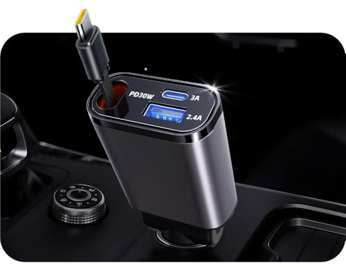 BYGD 3-in-1 Retractable Car Charger, 57W PD Fast Charging, Cigarette Lighter USB Adapter Built-in Retractable Type-C Cable + Dual USB Ports (3A+2.4A),12/24V Socket for iPhone,Android,Samsung