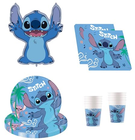 Procos - Vajilla de fiesta Disney Stitch, decoración de cumpleaños de 37 piezas incluye 8 platos de papel, 8 vasos de papel, 20 servilletas y un globo de papel de aluminio