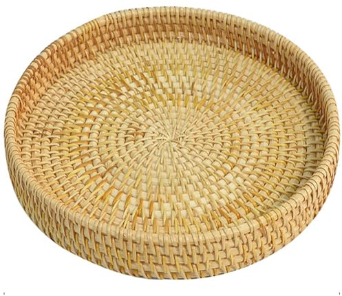 Bandeja de ratán, Cesta de ratán Tejida de 9 Pulgadas, Bandeja de Mimbre Redonda Decorativa para Servir Comida, bocadillos, Frutas, postres, decoración del hogar, Mimbre