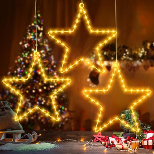 TDTOD LED Weihnachtsstern Beleuchtung,3 Stück Weihnachtsdeko Beleuchtung 150LEDS Fenster Lichter Weihnachten 8 Modi Wasserdicht Weihnachtsbeleuchtung Innen Außen mit Timer für Fensterdeko Hochzeit