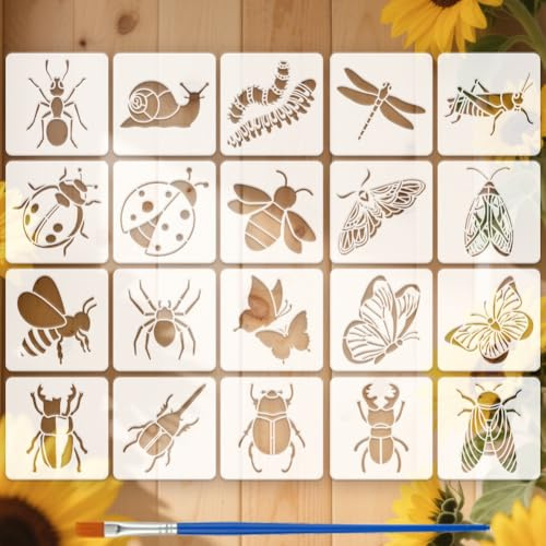 FINGERINSPIRE 20 Stück Malschablone Mit Pinsel 15x15cm Schmetterling Libelle Käfer Spinne Biene Marienkäfer Muster Zeichenvorlage DIY Schablone Zum Malen Auf Holz Wänden Stoffen Und Möbeln