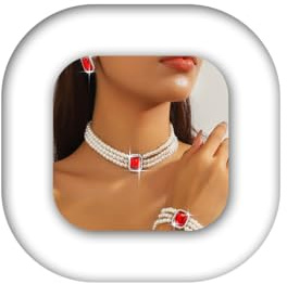 Atigy pärlhalsband set kristall kraghalsband smycken set röda örhängen armband smycken set för kvinnor, En storlek, Konstgjord pärla, Ingen ädelsten