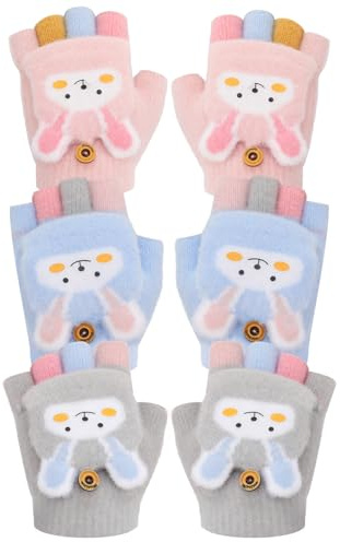 Partideal 3 Paar Fingerlose Kinder Fäustlinge mit Klappe, Süße Cartoon Handschuhe für Kinder 3-10 Jahre für Winter Weihnachtsgeschenke, Outdoor Aktivitäten