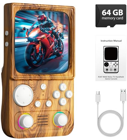 R36TMAX Retro Handheld Game Console, 4 Inch IPS HD Screen Retro Gaming Console,Supports WiFi Networked Fighting and OTG,Compatible with a Large Variety of Classic Games,Built-in 64G,Wood Grain Brown