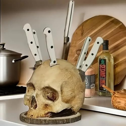 Hosoncovy Porte-couteaux en résine en forme de tête de mort - Organiseur de comptoir - Décoration de tête de mort
