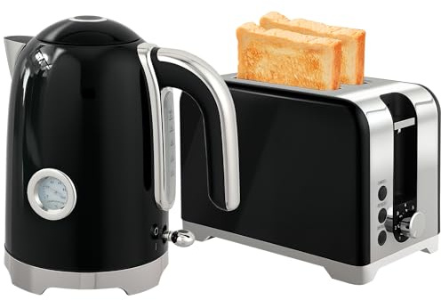 HOMCOM Retro Kettle and Toaster Set with Jug Kettle & 2 Slice Toaster Black | Temp Display, 1.7L 3000W Rapid Boil Stainless Steel, Thermostat Limescale Filter, 7 Browning Controls, Crumb Tray
