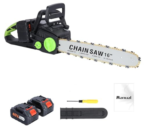 Tronçonneuse à Batterie, Tronçonneuse Electrique Sans Fil 16, Moteur Brushless Cuivre 1800W, 2 Batteries Incluses, Graissage Automatique, Sécurité, Pour Professionnel et Bricolage (Noir)