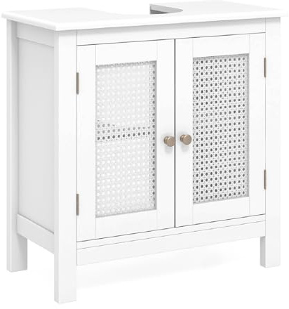 COSTWAY Under Sink Bathroom Cabinet, Freestanding Bathroom Floor Cabinet with 2 Rattan Doors and Shelf, Wooden Pedestal Under Basin Storage Cupboard Unit Sink Organizer Furniture, 60x30x60cm, White